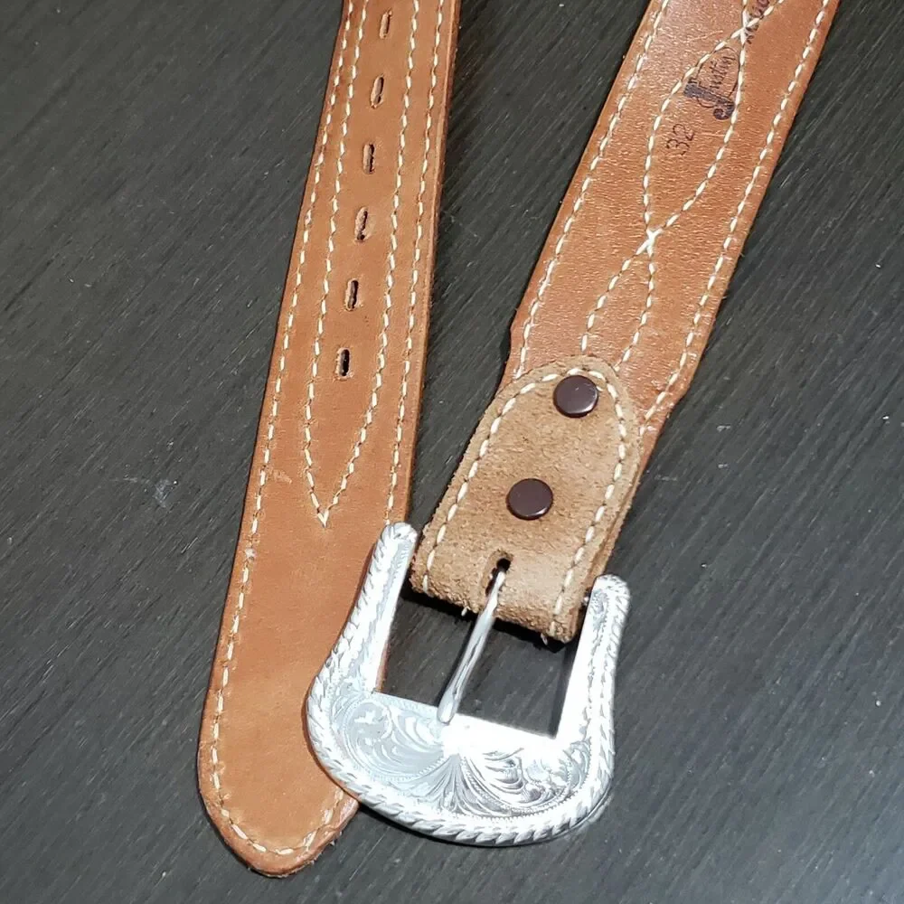Justin Brown Tan Leather Reversible Belt Silver Buckle 32 Stitching Accents